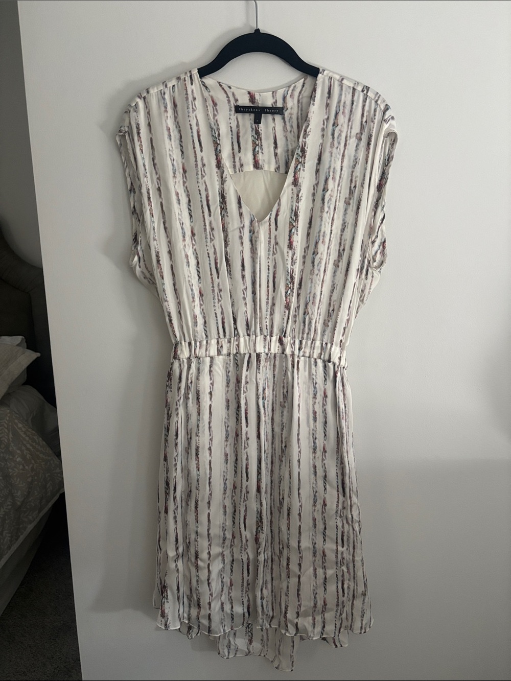 Theyskens' Theory Ivory Striped Midi Dress with Taupe and Maroon Detail
